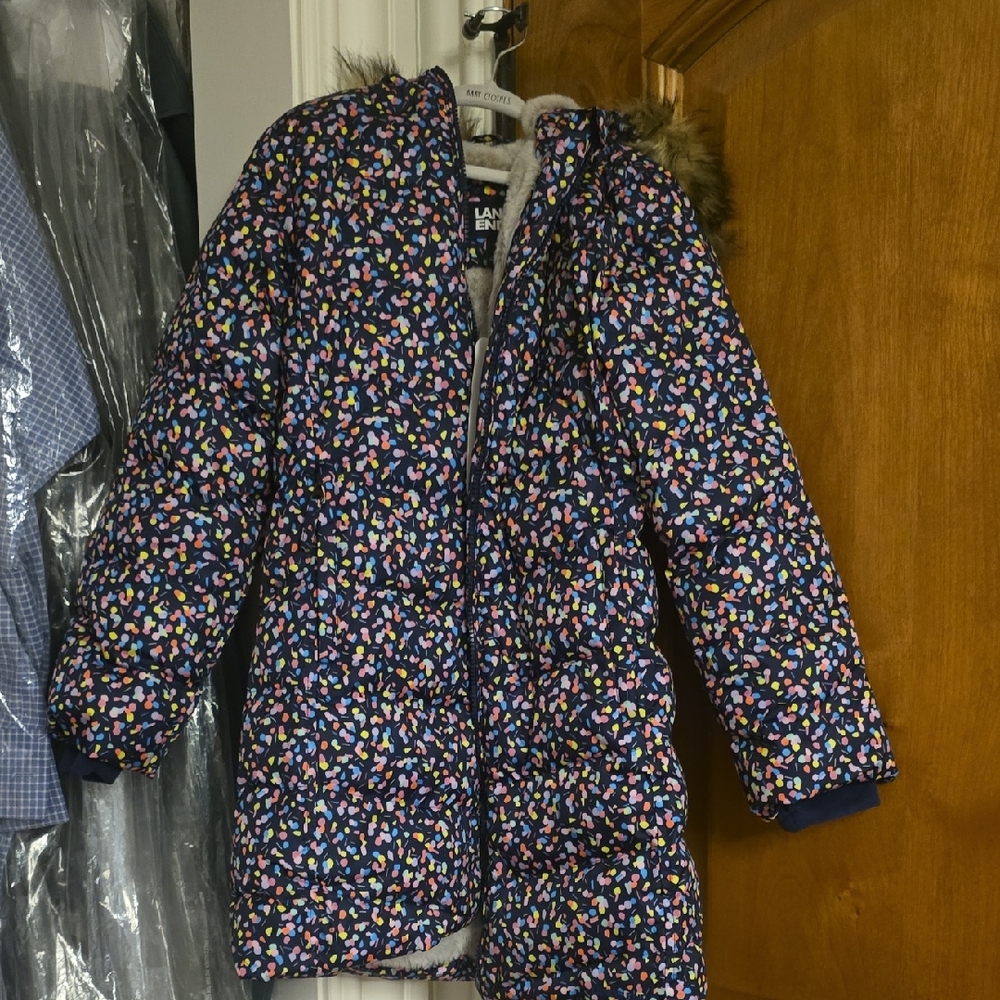 Lands' End Kids Multicolor Puffer Coat with Faux Fur Hood